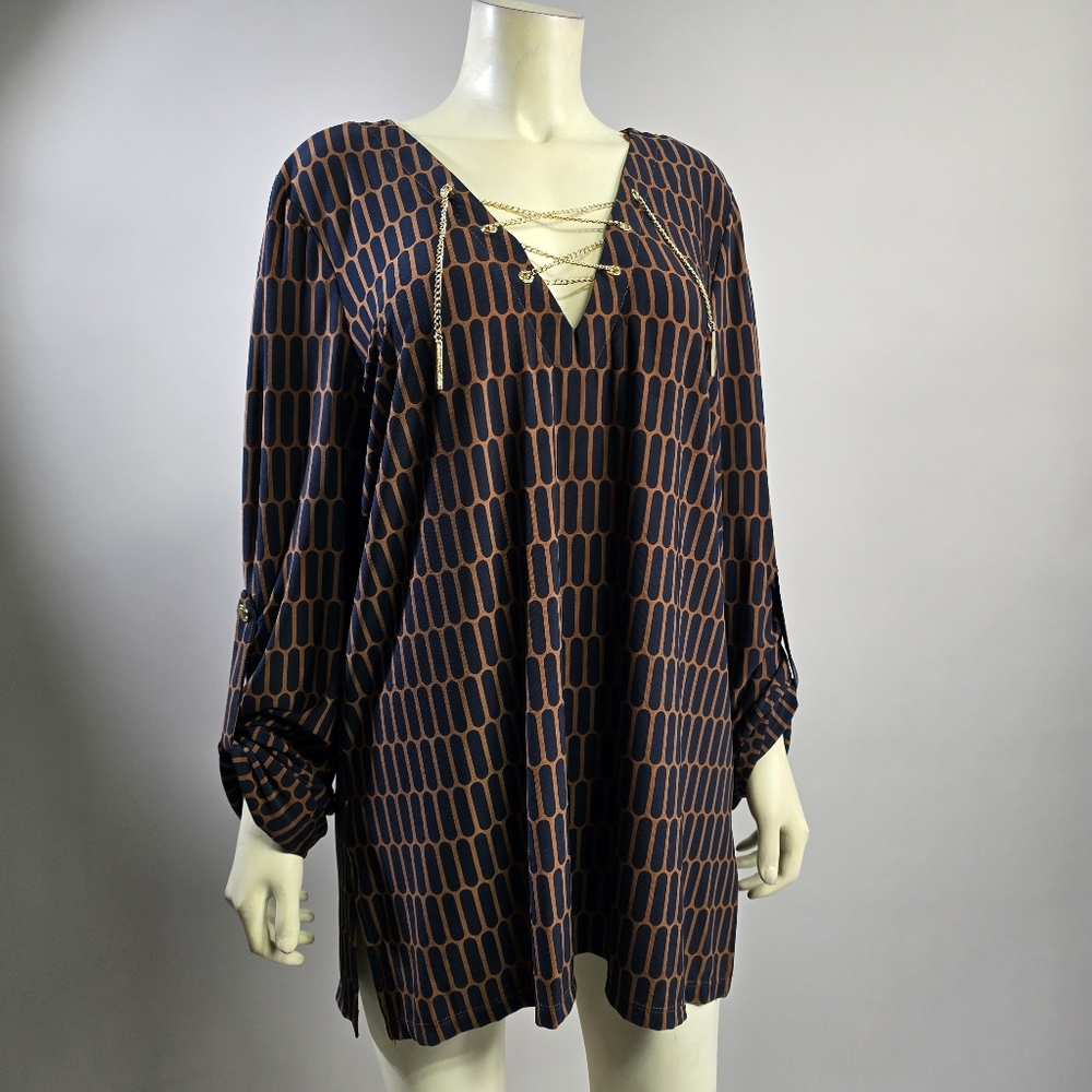 MICHAEL Michael Kors Navy and Brown Patterned Top XL